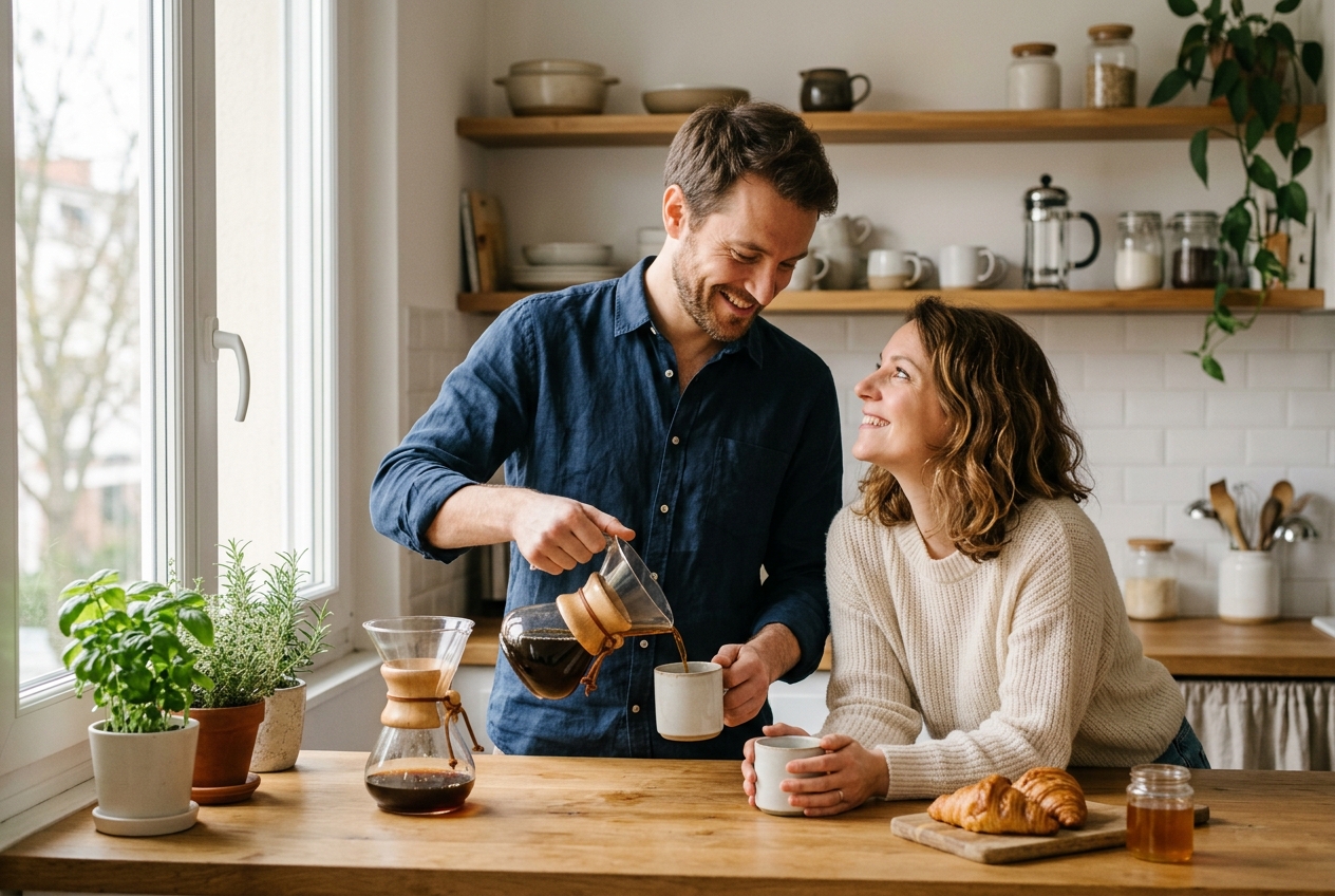 Un couple rencontré sur une appli partage un café complice dans sa cuisine lumineuse.